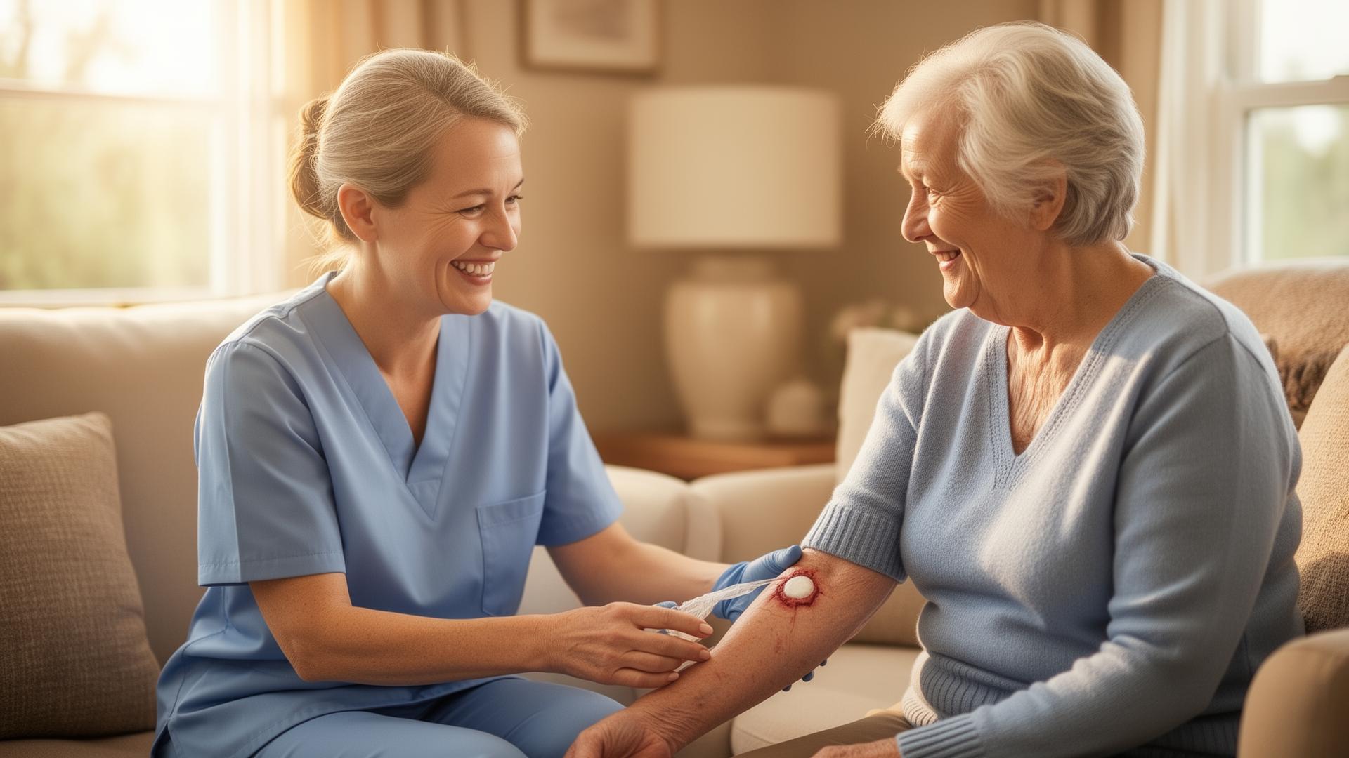 A friendly nurse smiling as she gently treats a senior patient's arm wound in their living room